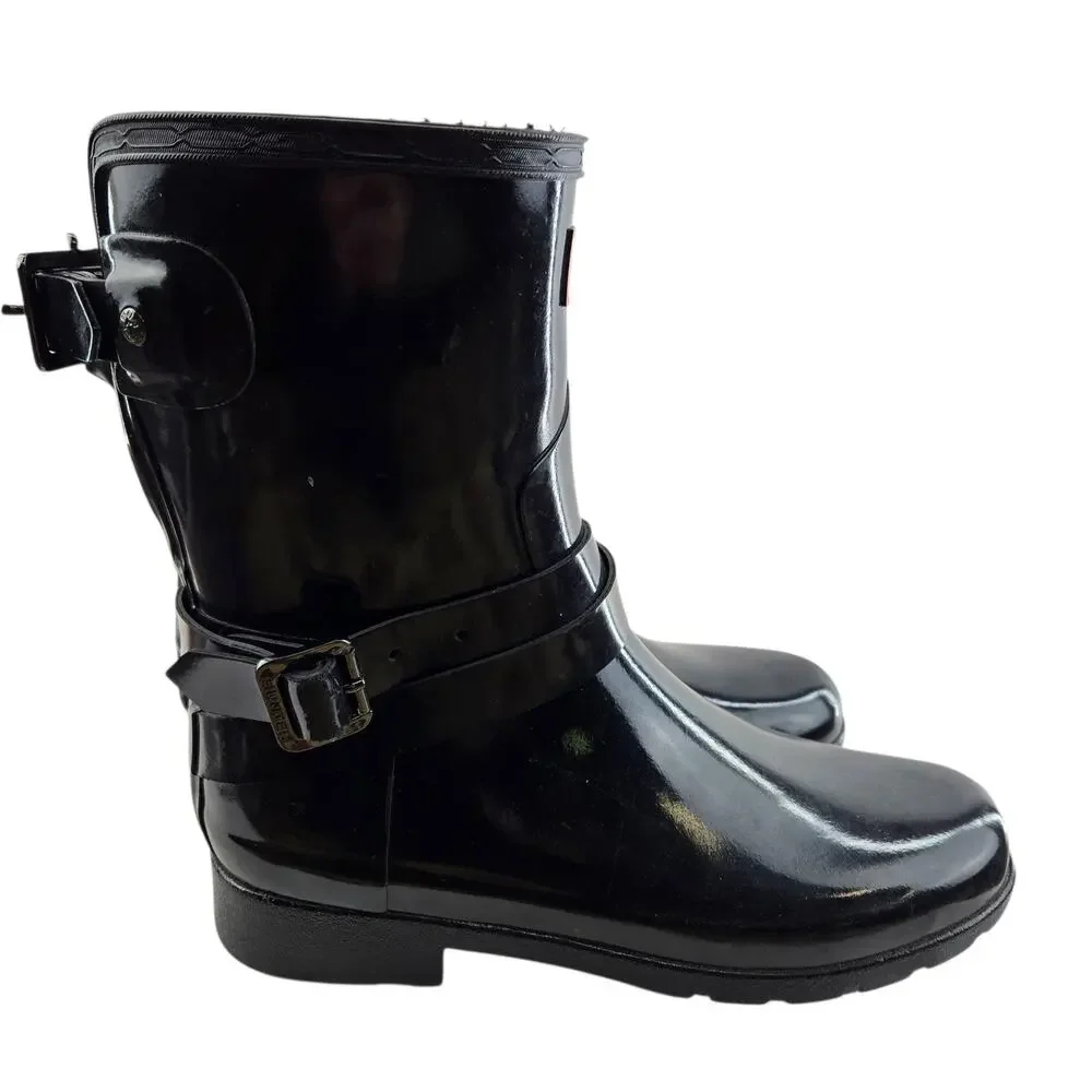 Hunter Rain Boots Women 7 Original Refined Short Gloss Black Mid Calf Adjustable